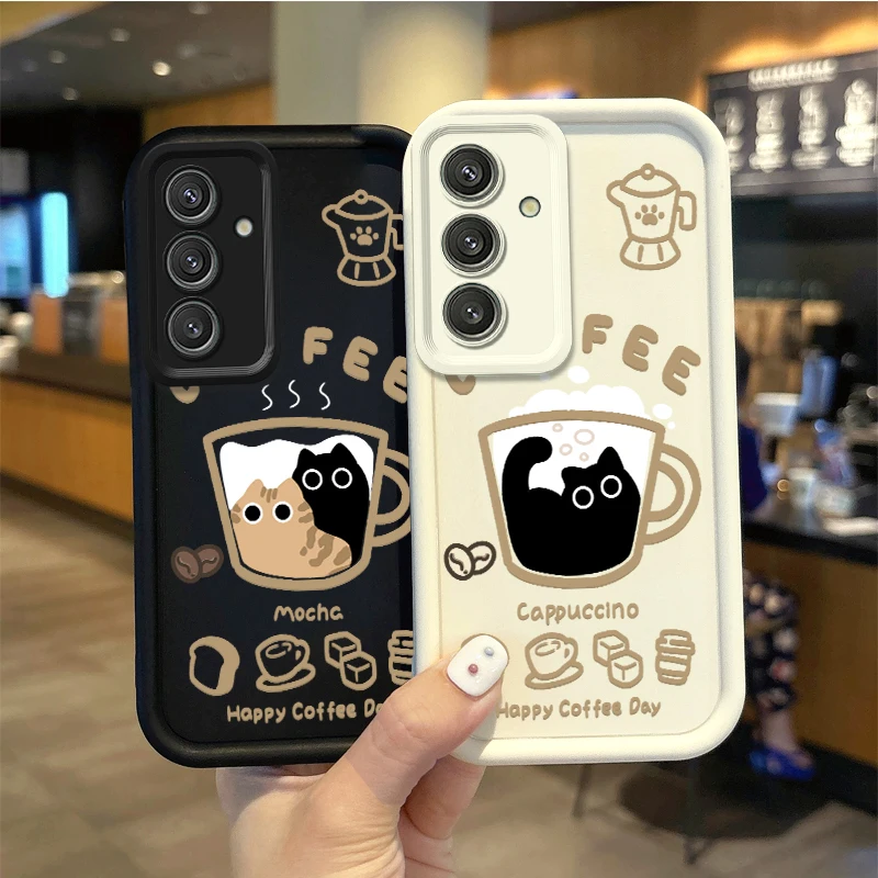 Cute Coffee Cat Cartoon Phone Case For Samsung Galaxy A36 A35 A34 A33 A32 5G A31 A30 A24 A23 A22 A16 A12 A50S M55 Silicone Cover