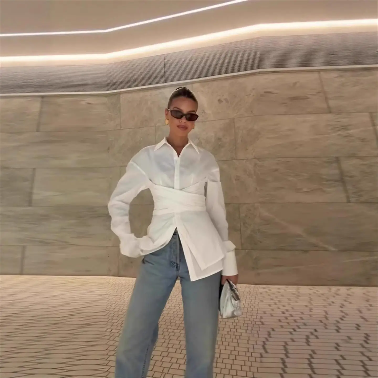 

Loose Long Sve Top Fake Double Layer Design European Sle Women's irt Autumn 2025 Korean Version Slimming Effect