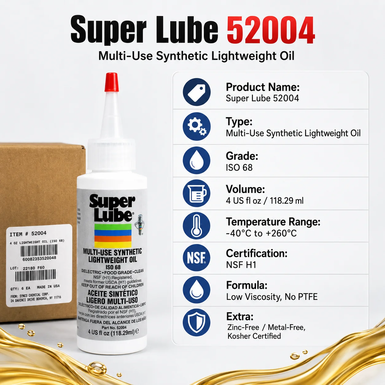 Super Lube 52004 Synthetic Lightweight Oil ISO 68 4oz Food Grade Lubricant for 3D Printer Bearing Chain Motor Pump