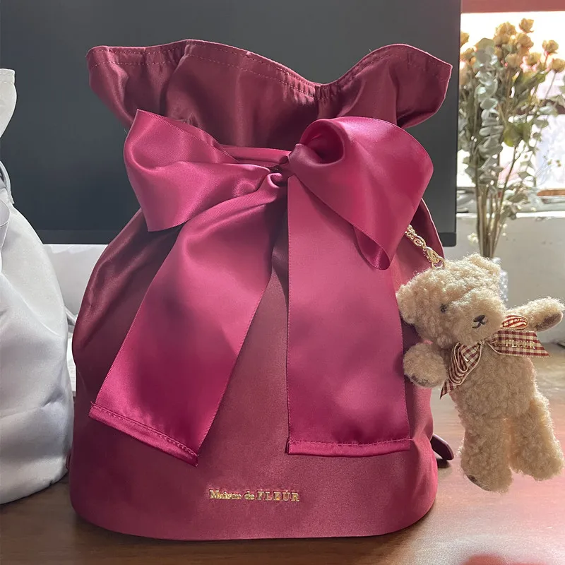 Japanese Satin Bow Drawstring Bucket Backpack Ballet Dance Schoolbag Sweet Cute Casual Commute Shoulder Women's Bag