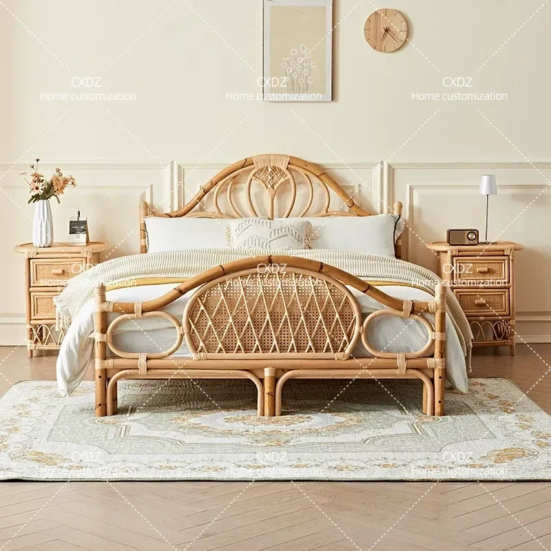 Natural Woven Rattan Bed Japanese Style Full Rattan Frame Double Bed for Hotel and Guesthouse Bedroom Furniture