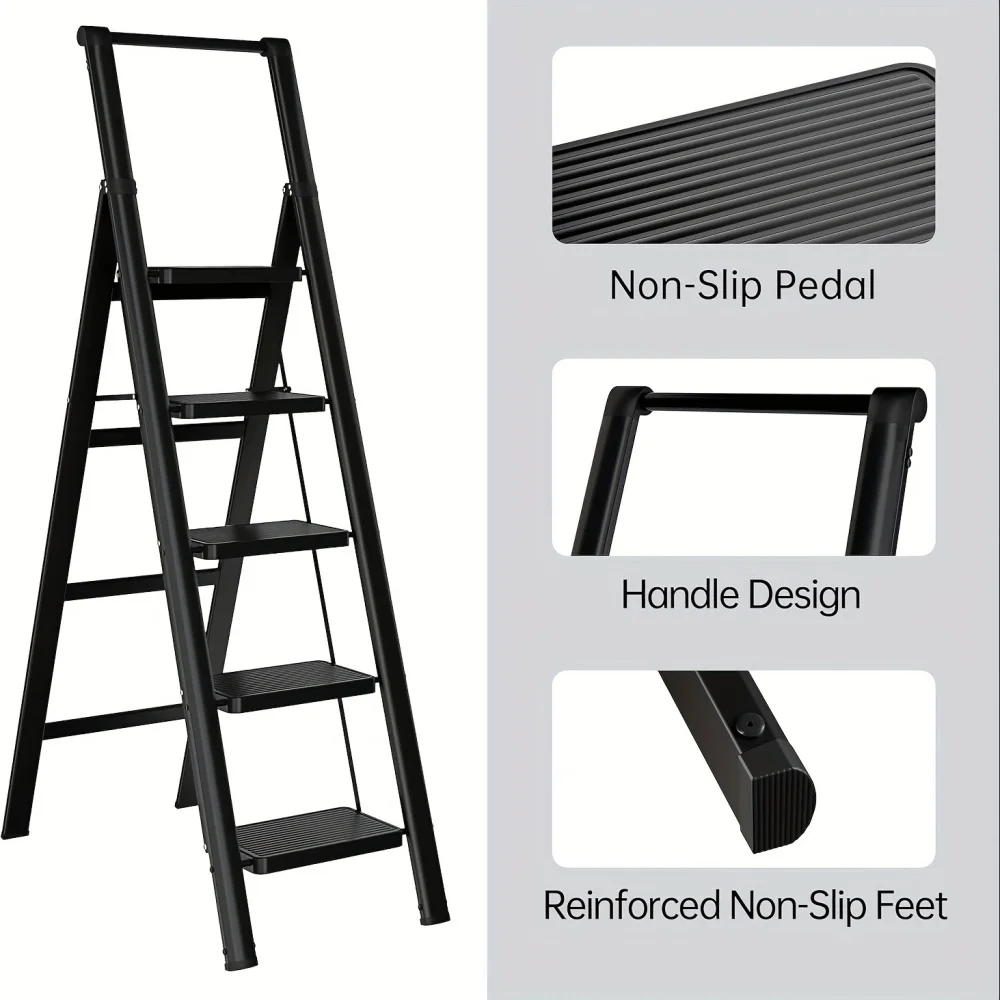 Taburete plegable con escalera de 5 escalones, escalera de 5 escalones con pedales anchos antideslizantes, escalera plegable con asa liviana y fácil de transportar