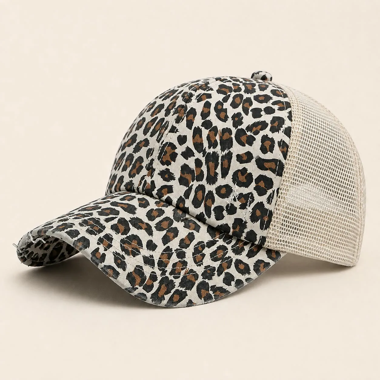 Beige Leopard Print Distressed Ponytail Mesh Baseball Cap Breathable Criss Cross Back Summer Hat Outdoor Travel Casual Wear