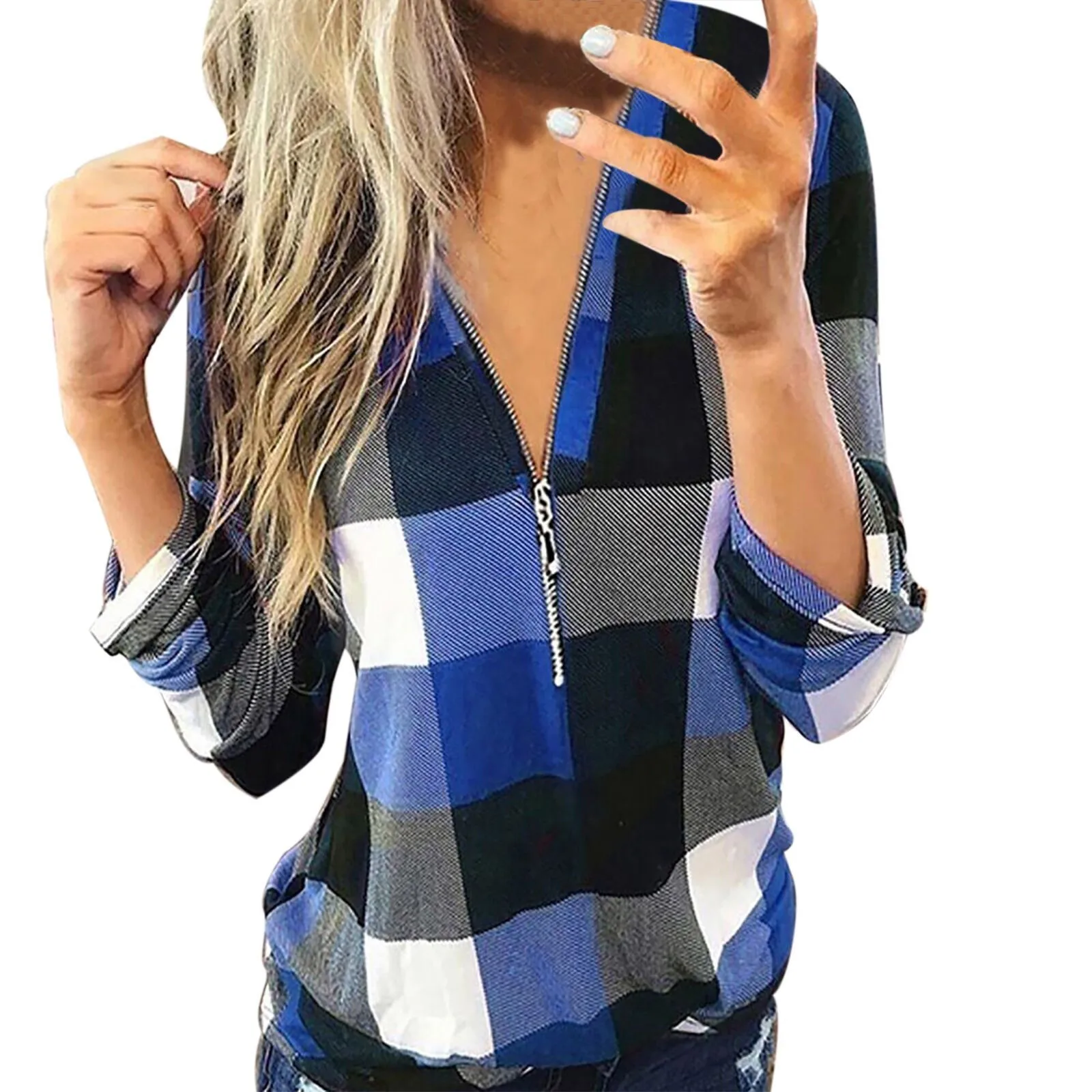 Women\'s Tops Casual Cotton Long Sleeve Plaid Shirt Slim Zipped V Neck Plaid Tunic Shirt Blouses