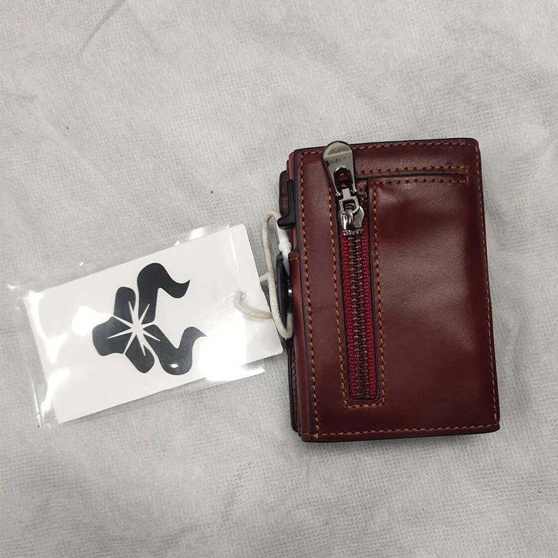 Crazy Horse Leather Mens Wallet with RFID Blocking Card Holder Mini Metal Pop Up Wallets Zipper Coin Pocket for Male