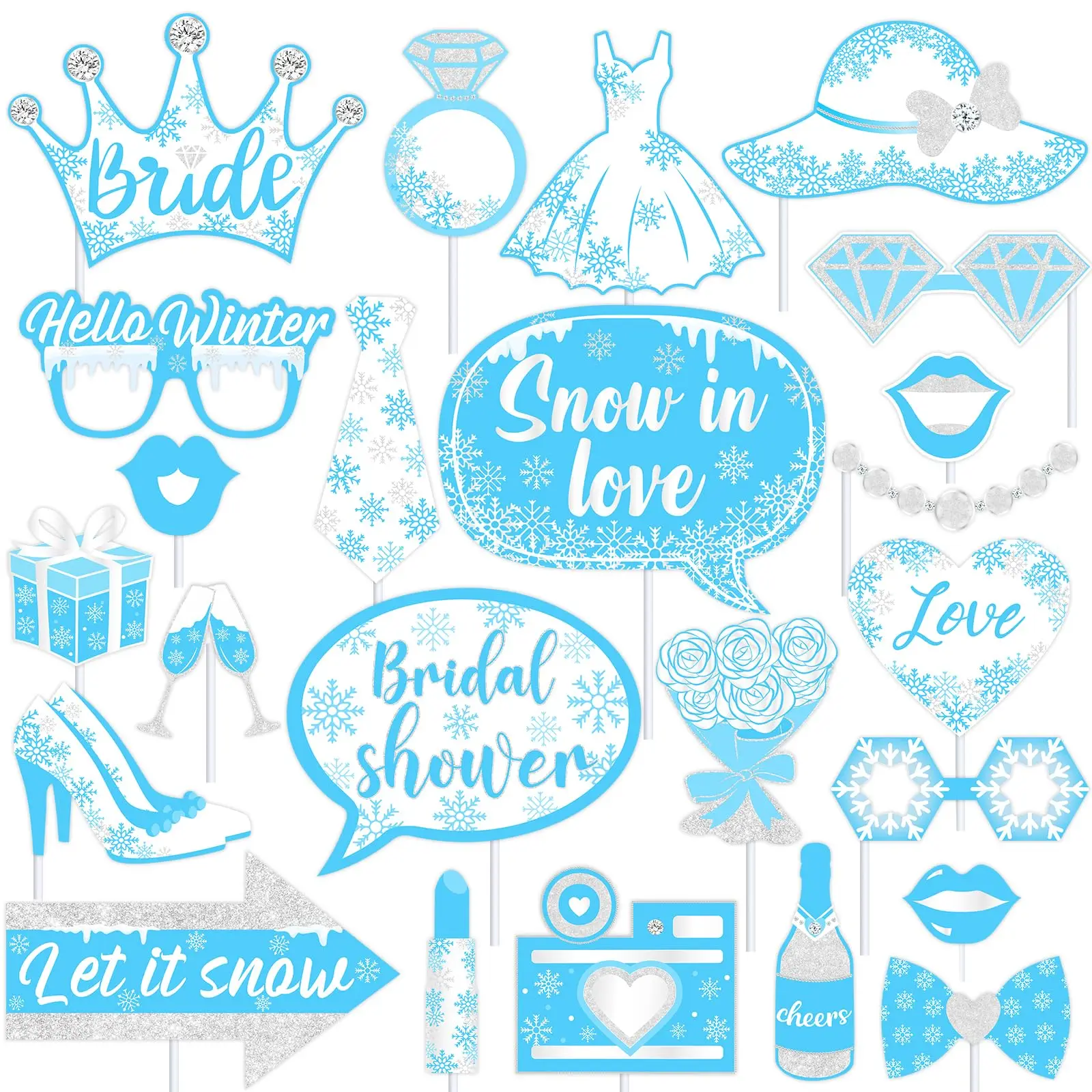 

Sursurprise Snow in Love Bachelorette Decorations, 24pcs Winter Bridal Shower Photo Booth Props for Light Blue