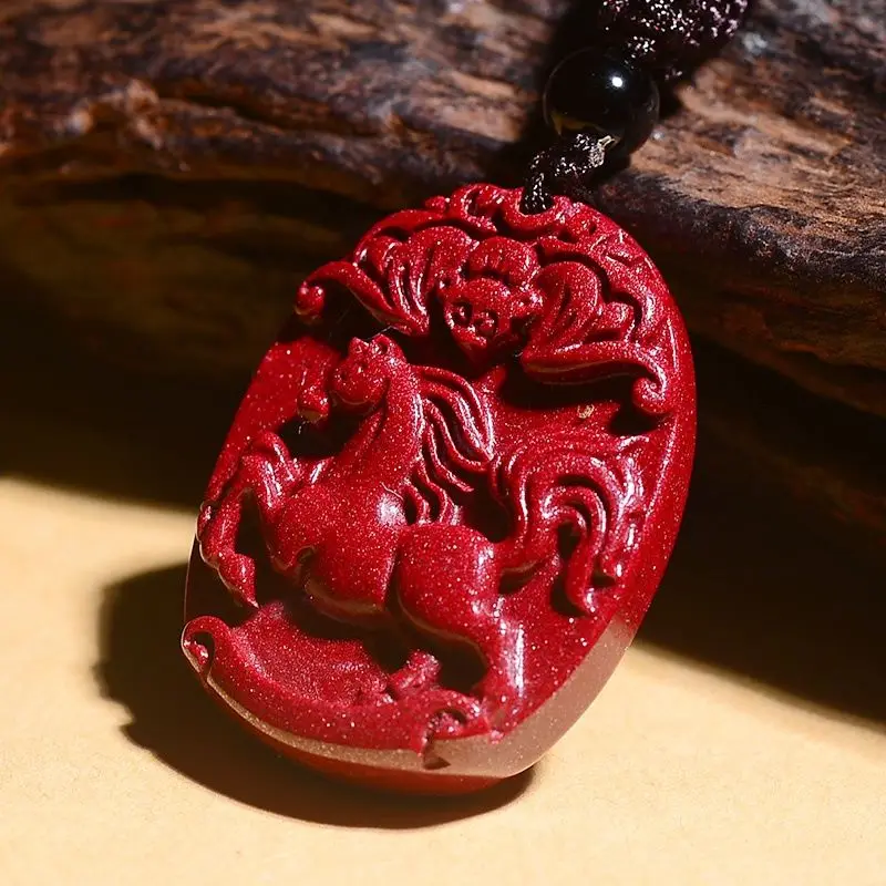 Natural Cinnabar Pendant, Twelve Zodiac Animals, Dragon and Horse, Resolving Mascot Necklace for Men and Women