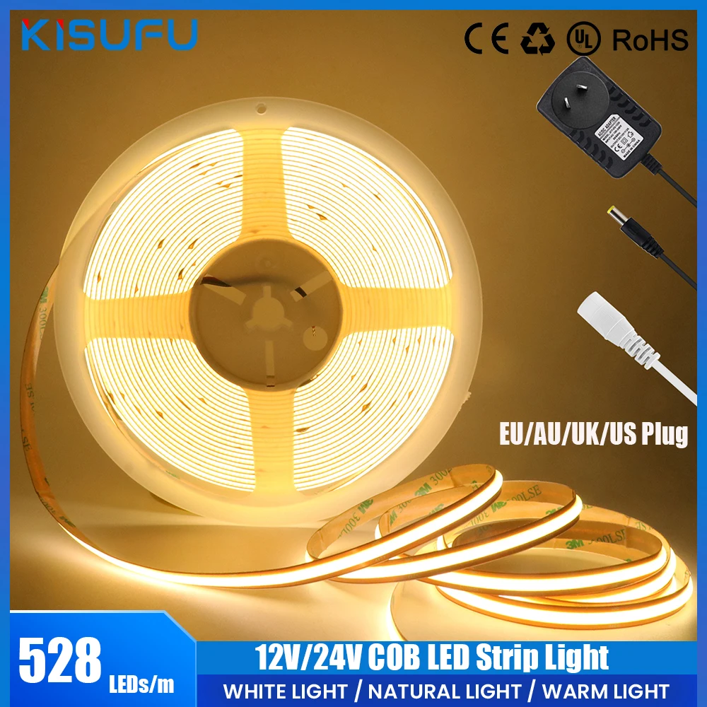 

DC12V/24V COB LED Strip 528LEDs/m With EU/AU/UK/US Power Adapter Flexible Cut Freely COB Linear Light Bar 8MM for Kitchen Decor