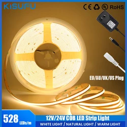 Taśma LED COB DC12V/24V 528 diod LED/m z zasilaczem UE/AU/UK/USA Elastyczne cięcie Wolno liniowy pasek świetlny COB 8MM do dekoracji kuchni