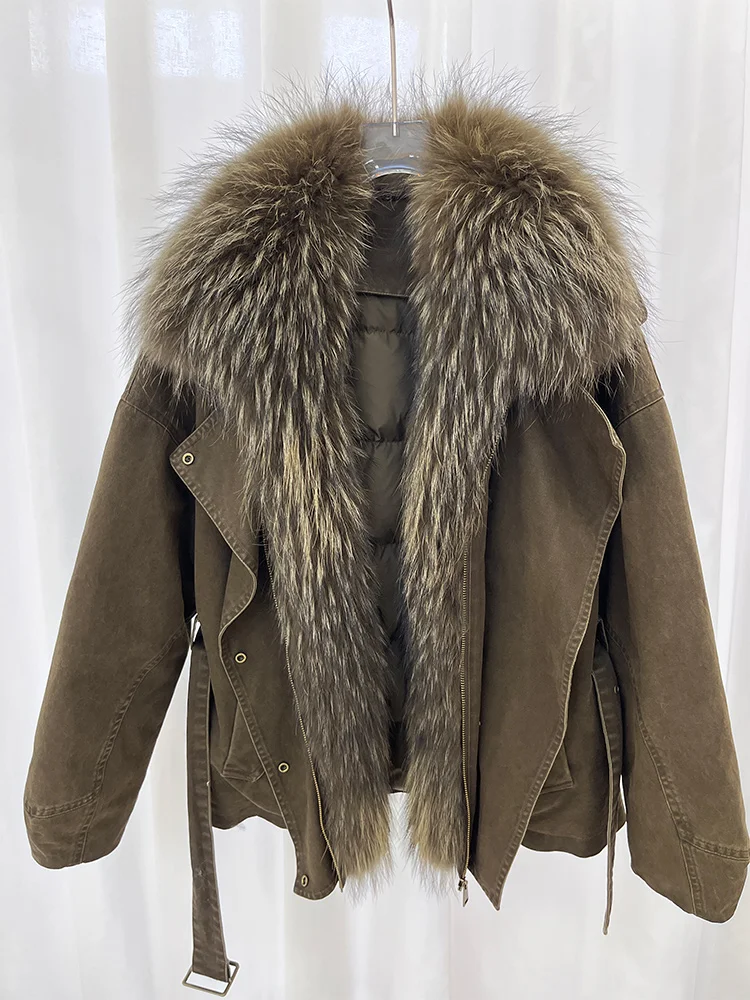 เสื้อแจ็คเก็ตพาร์กาสำหรับผู้หญิงฤดูหนาวสุดหรู บุขนเป็ดแท้ คอปกขนสุนัขจิ้งจอกและแรคคูน  เสื้อโค้ทเดนิมหนาสำหรับผู้หญิง