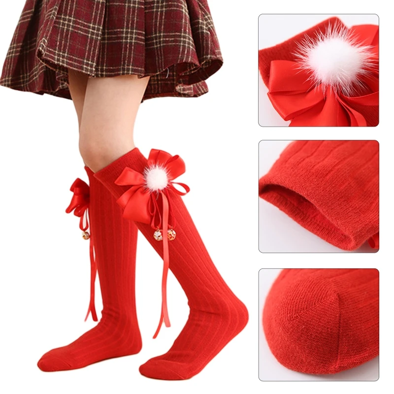 Kids Girls New Year Red Knee High Socks with Plush Ball Ribbon Bowknot Metal Pendant Ribbed Cotton Stockings