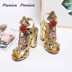 Gold Print Roses Rhinestones Sandals 2024 Summer Chunky Heel Open Toe Fashion Strap Buckle Model Women's Shoes