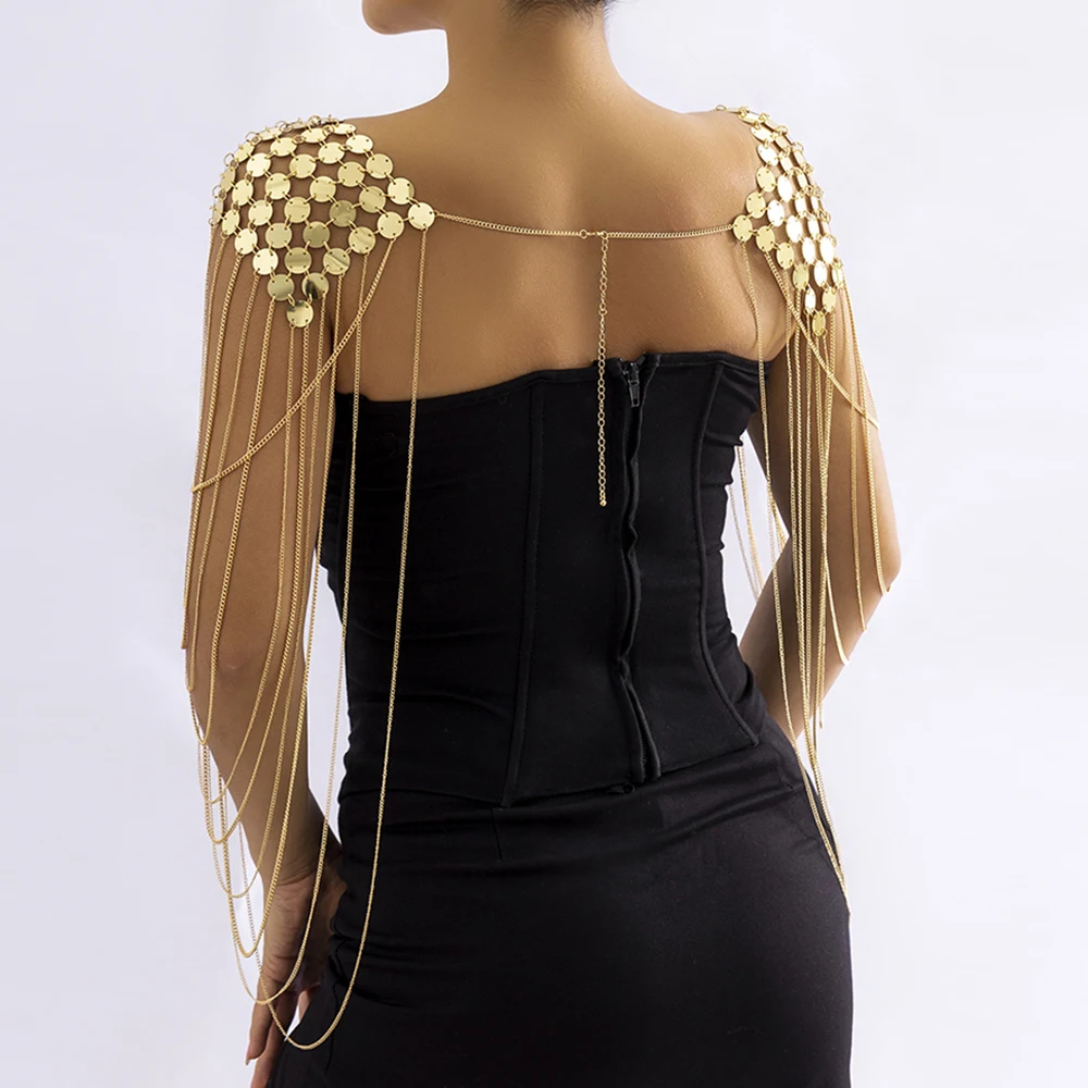 IngeSight.Z Gold Color Metal Chain Sequins Shoulder Body Chain for Women Punk Sexy Harness Tassel Epaulette Shoulder Tops Chain