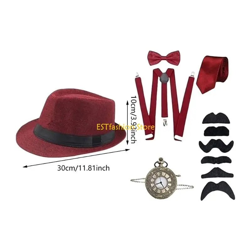 Y5GC 1920s เครื่องแต่งกายบุรุษอุปกรณ์เสริม,roaring 20s ชุด Fedoras หมวกนาฬิกาพ็อกเก็ต Suspenders Bowtie Tie หนวดเครา