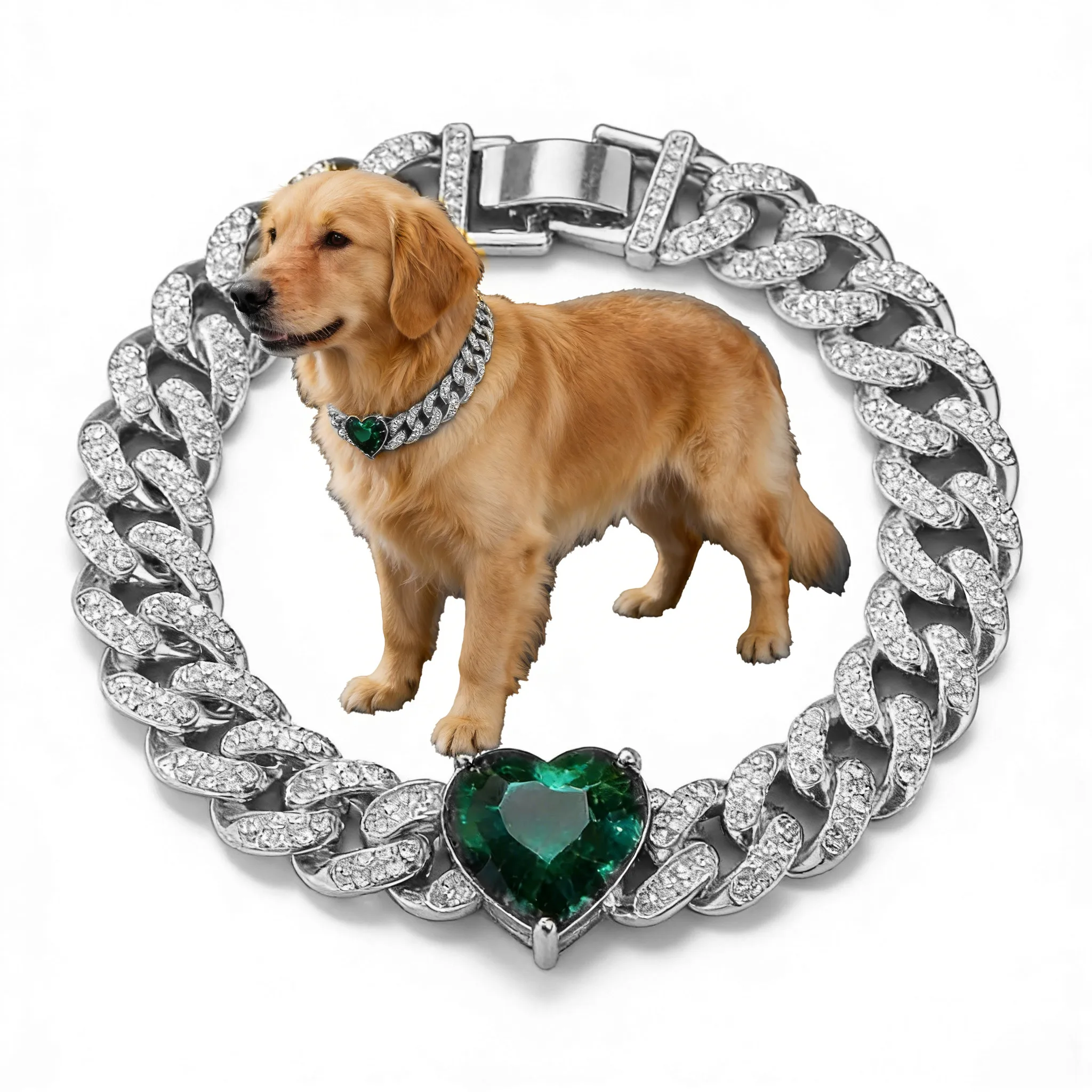 

13mm Dog Cat Chain Big Green Heart Diamond Miami Cuban Link Walking Metal Collar Jewelry Accessories for Medium Big Pets