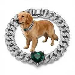 13mm Dog Cat Chain Big Green Heart Diamond Miami Cuban Link Walking Metal Collar Jewelry Accessories for Medium Big Pets
