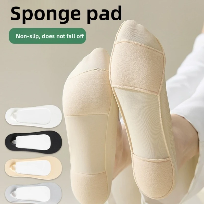 Women Solid Ice Silk Padded Invisible Boat Socks Summer Thin Breathable Sponge Pad Non Slip Heel Sweat Absorbent Casual Socks