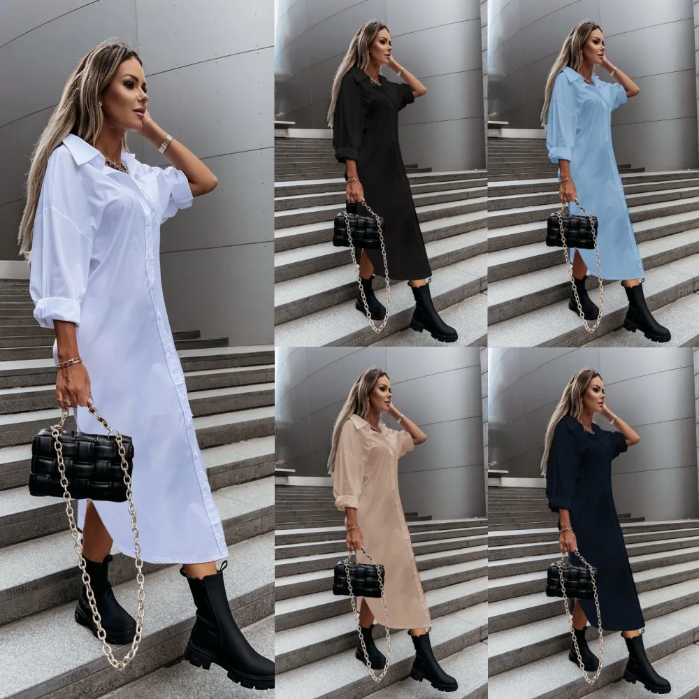 

Длинные платья, женское платье-рубашка с отложным воротником, однобортное платье с разрезом, Vestidos A Line 2022, осеннее офисное женское повседневное платье макси
