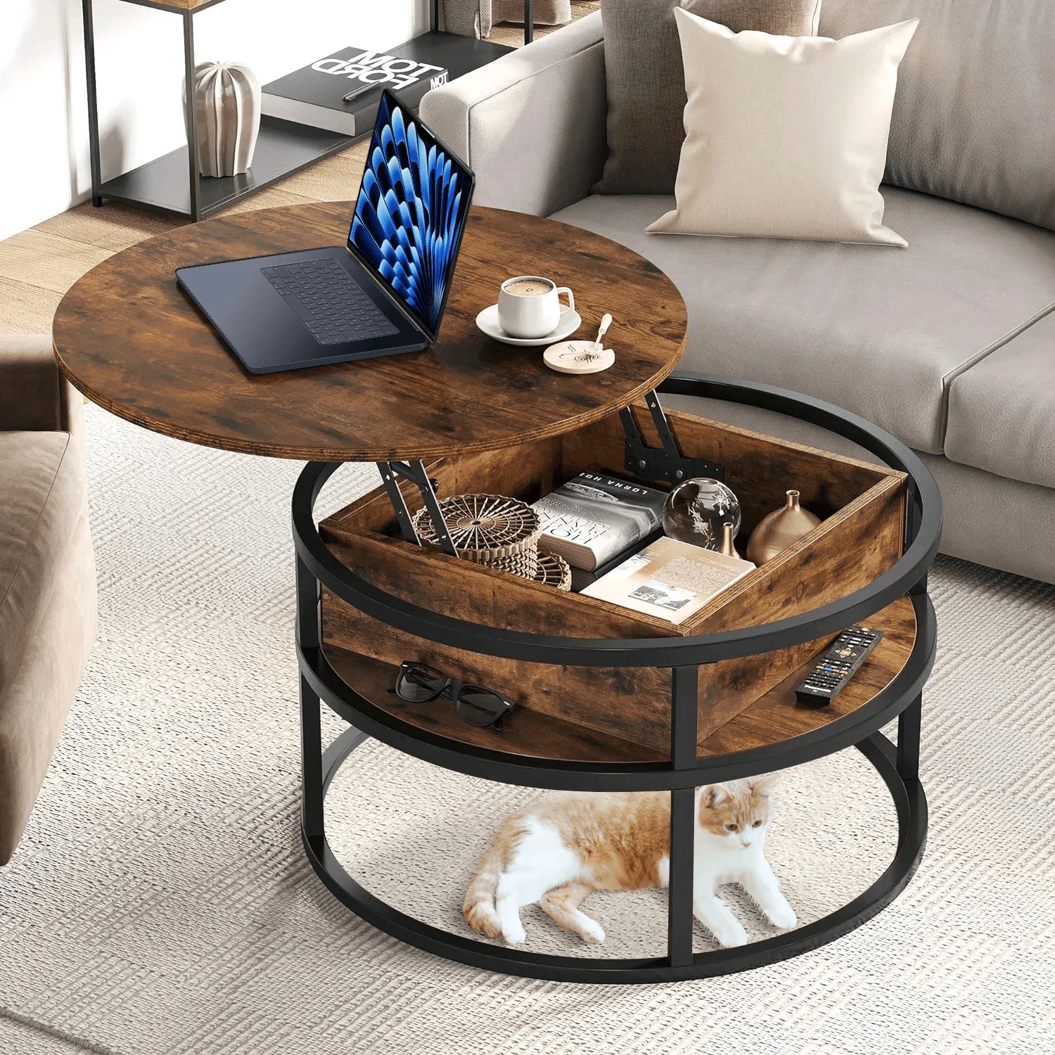 

！@Combohome Luxury Small Round Wood End Design KD Coffee Table Set for Living Room Furniture