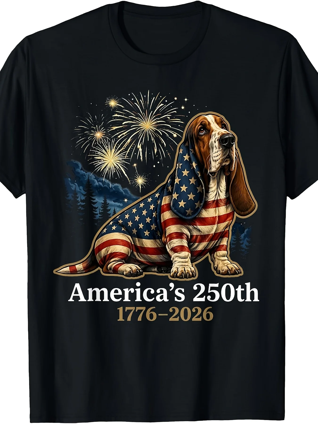 America's 250th 17762026 Basset Hound 4th of July Fireworks TShirtPlus Size Retro Casual Round Neck Printed T-shirt Unisex, PLUS SIZE