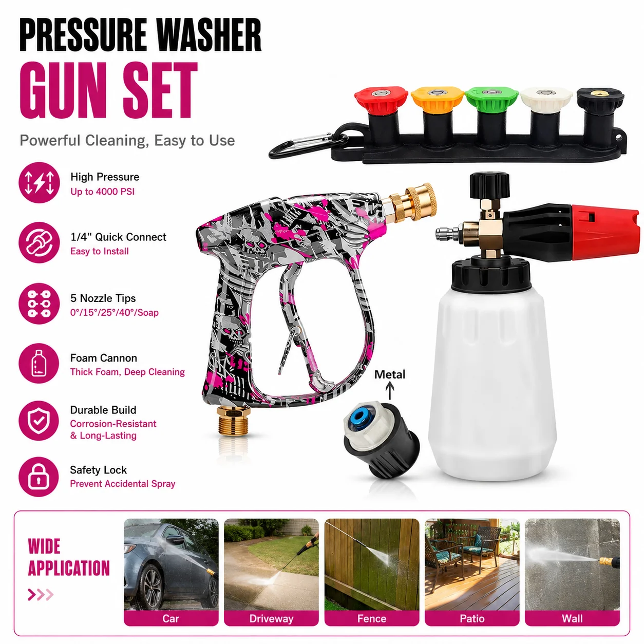 Modern Graffiti Pressure Washer Gun Kit with Foam Pot, 5 Spray Nozzles, Storage Base & Universal Compatible Metal Bosch Adapter
