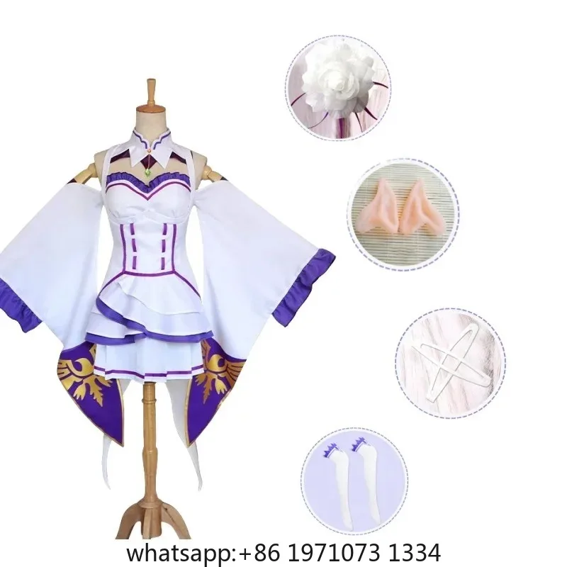 Re Zero Kara Hajimeru Isekai Seikatsu Emilia Cosplay Costumes Cloak Wig Women Dress with Headdress for Halloween Party Carnival