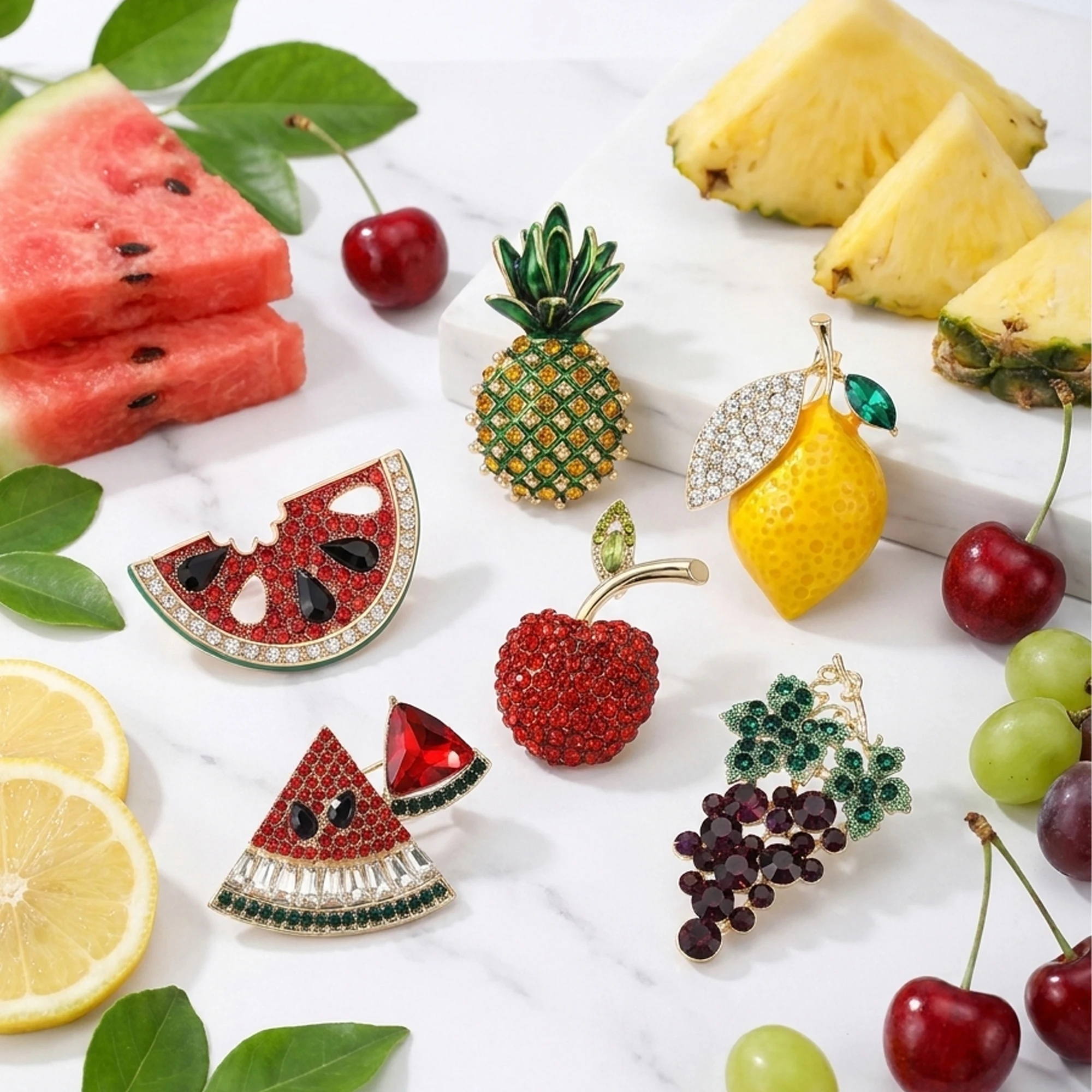 Classic Rhinestone Watermelon Brooches for Women Unisex Lemon Grape Fruit Pins Office Party Friend New Gifts Jewelry Accessories