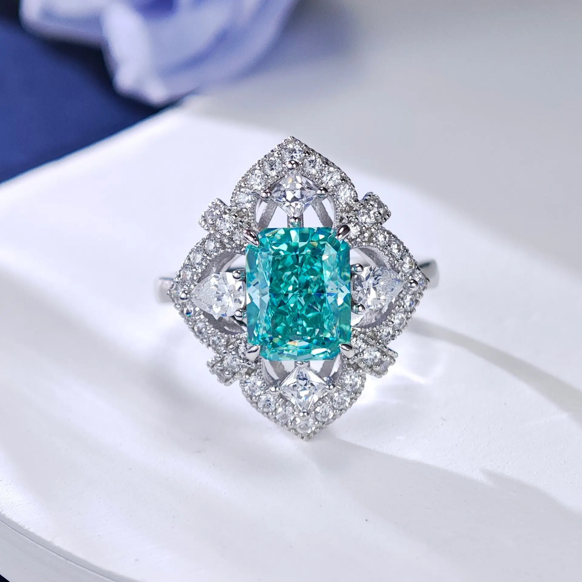 

Women Paraiba Diamond Flower 3 Carat Moissanite PT950 Platinum Ring - Paraiba Diamond Flower + 3ct, Elegance for Her