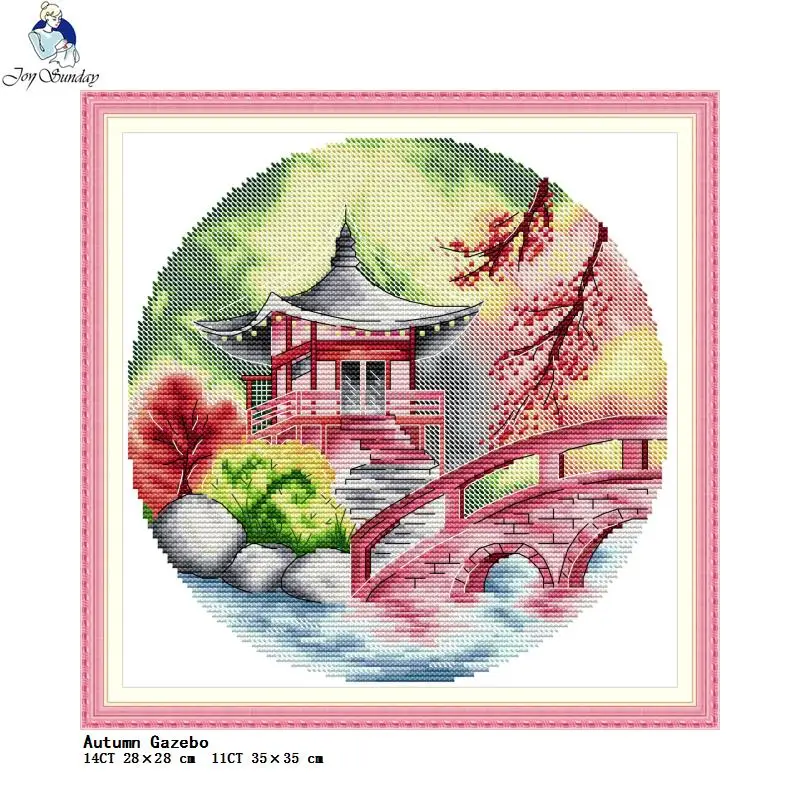 Round Scenery Painting Series Joy Sunday Counted Cross Stitch Kit 14CT 11CT White Fabric Printed Needle ＆ Thread Set Home Decor