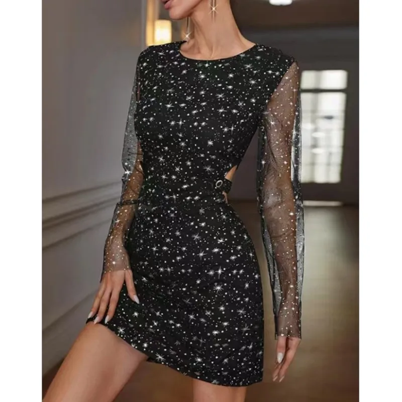 Fashionable Hollow Sparkling Mini Dress Women's Elegant Patchwork Tulle Long Sleeve Dress Feminine Sexy Evening Vest For Women