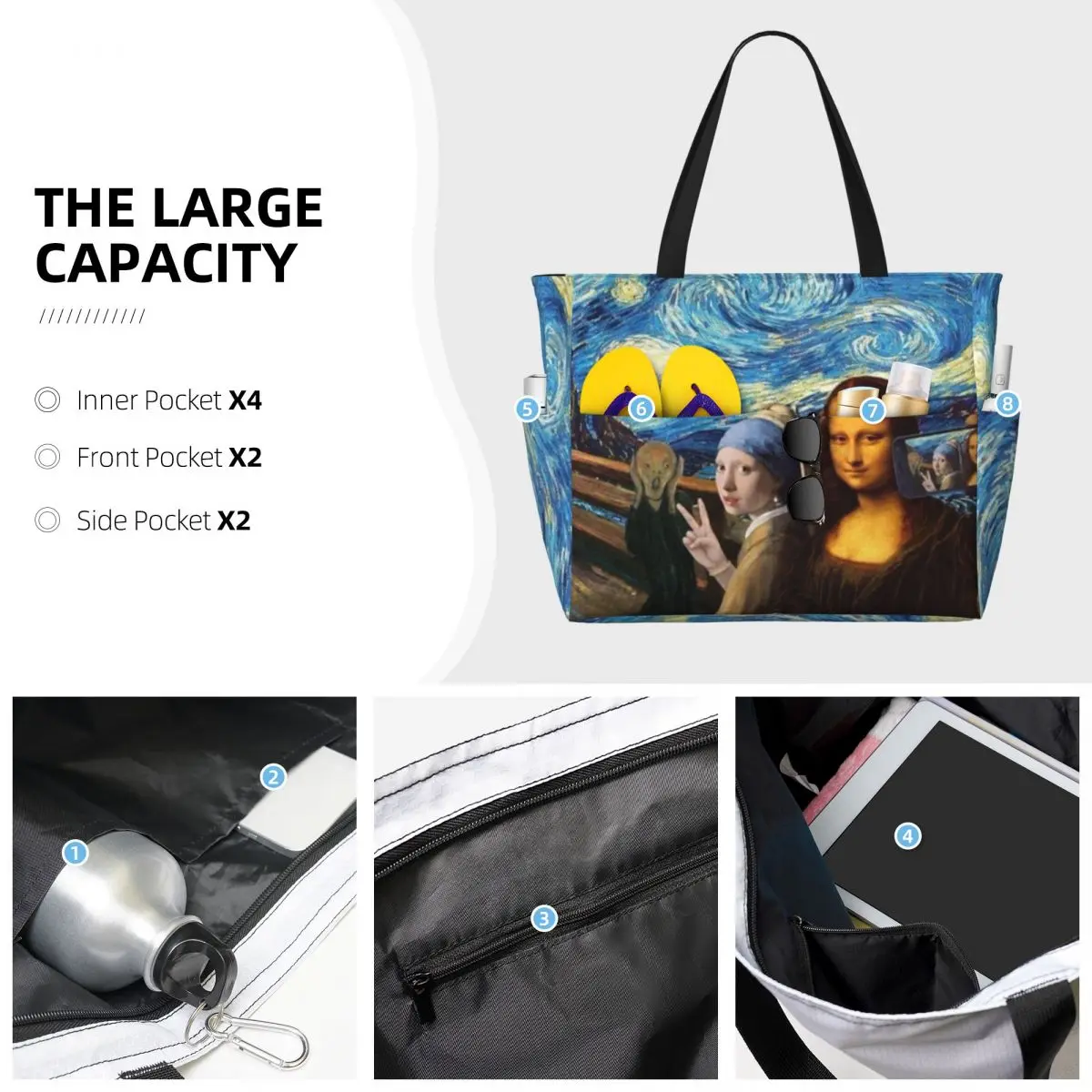 Custom Large Starry Night By Mona Lisa And Vincent Van Gogh Tote Bag Women Art Painting Shoulder Shopper Gym Beach Travel Bag