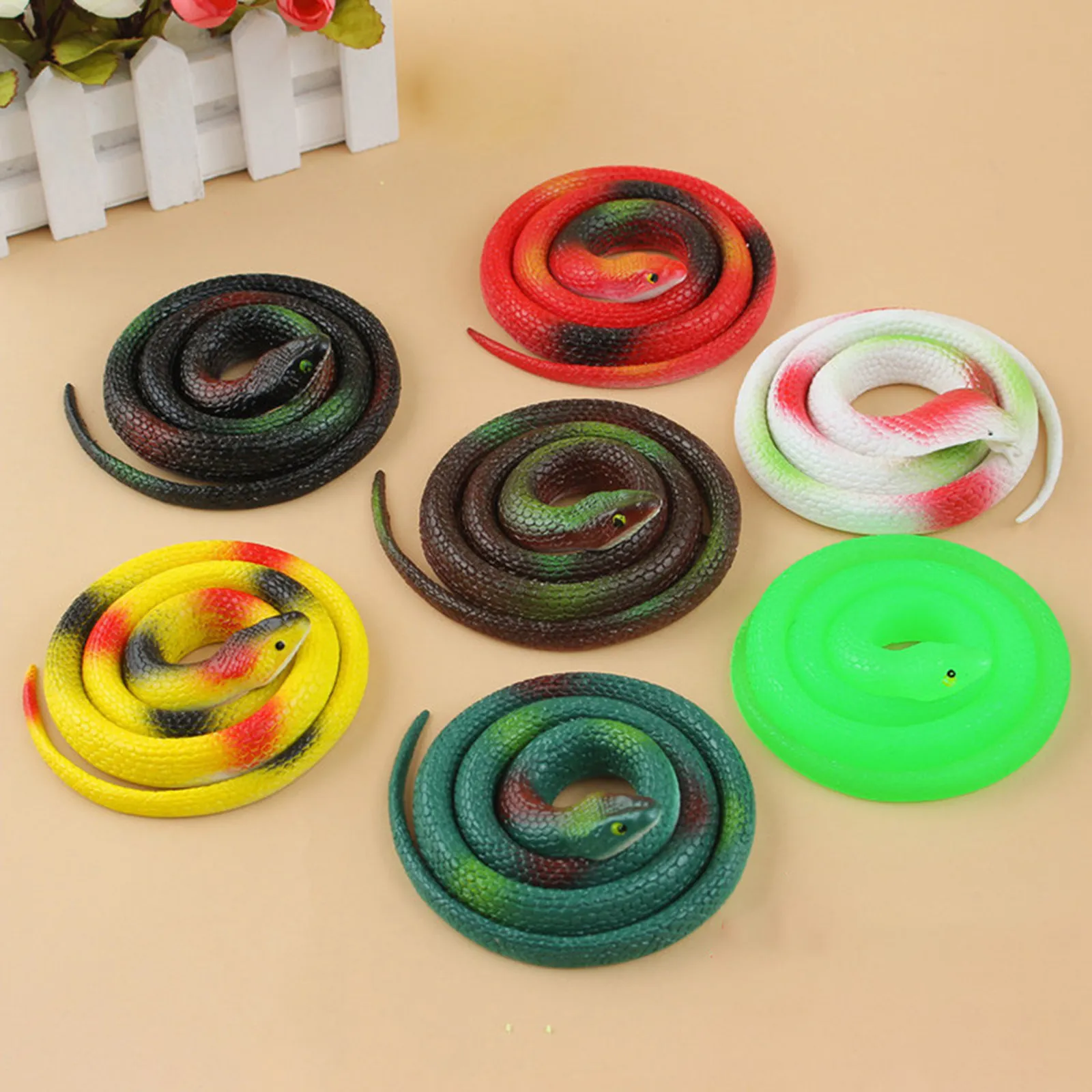 

6pcs Lifelike Artificial Snake Rubber Snakes Simulation Snake Playthings Tricky Snake Toys Tricky Toys (Red+Yellow+White Green+B