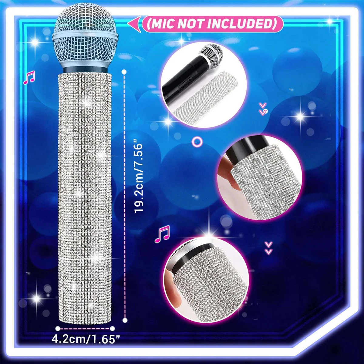 Sparkly Mic Handle Capa para Festa e TV Show, Bling, Strass, apto para a maioria dos microfones sem fio, ouro