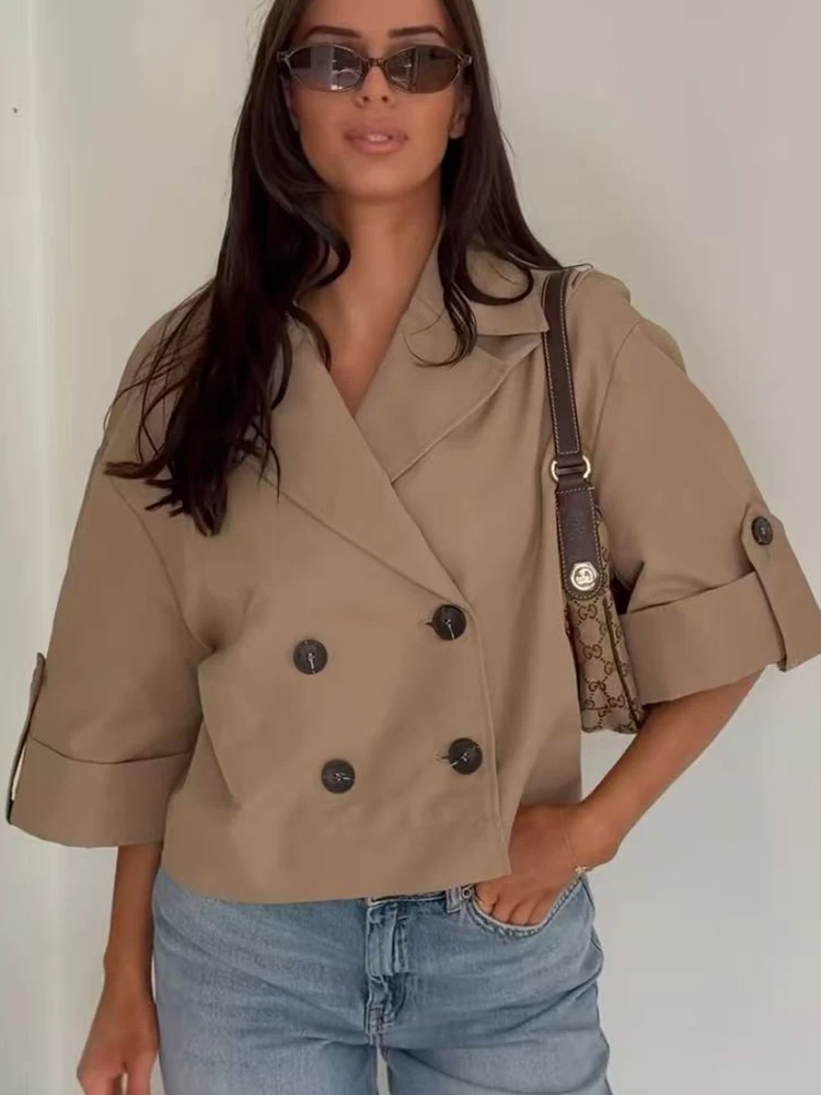 TFMLN New Women Double Breasted Cropped Trench Jacket Half Sleeve Spring Summer Outerwear Leisure Basic Style Windbreaker