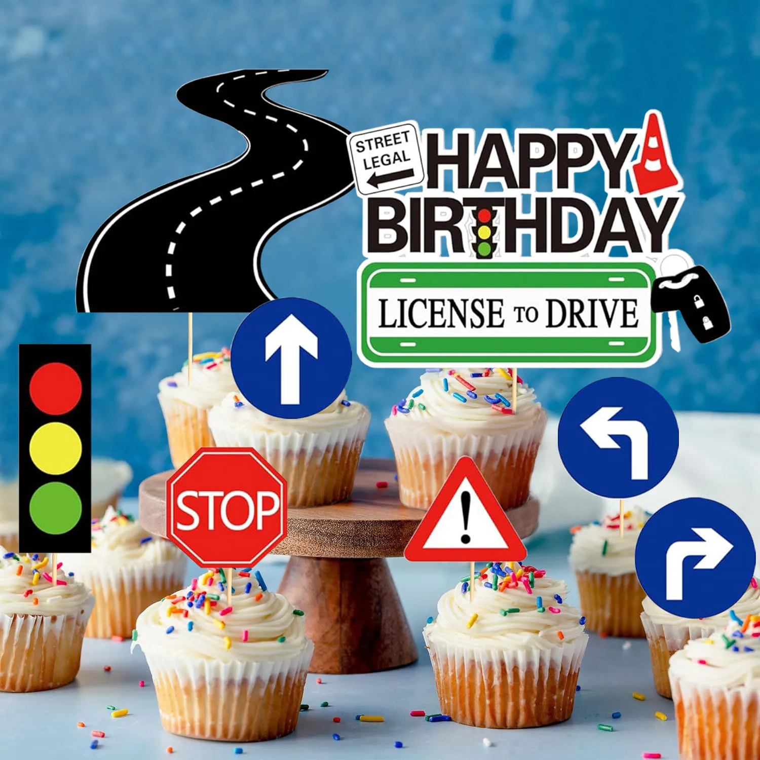 8-teiliger Führerschein-Kuchenaufsatz, Geburtstagskuchenaufsatz zum Feiern neuer Fahrer für Geburtstags- und Verkehrsschilder, Mottoparty – Detail 5