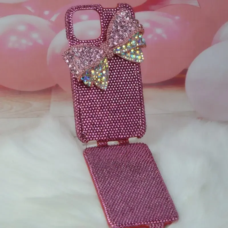 Handmade Flip Rose Red Bow Luxury Rhinestone Phone Protective Case for iPhone 15 Pro Max 14 Plus 13 12 11 XSMax XR X 7 8 Plus