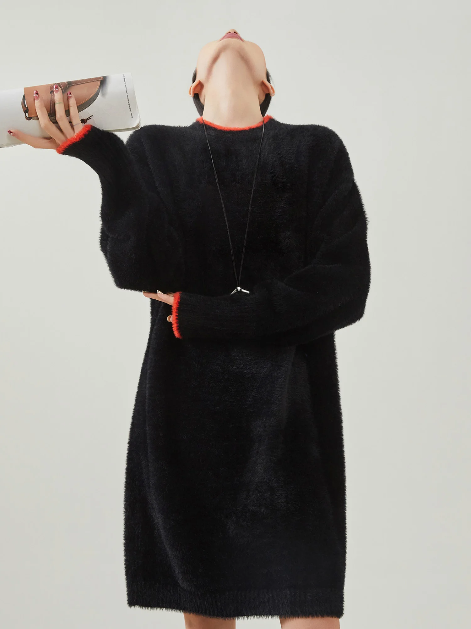 

Hebe Sle Loose Knitted Dr Women's Mid-Length Furry Midi Dr Soft Sweater Dr Trendy Bla Polyester Fiber Long Sve