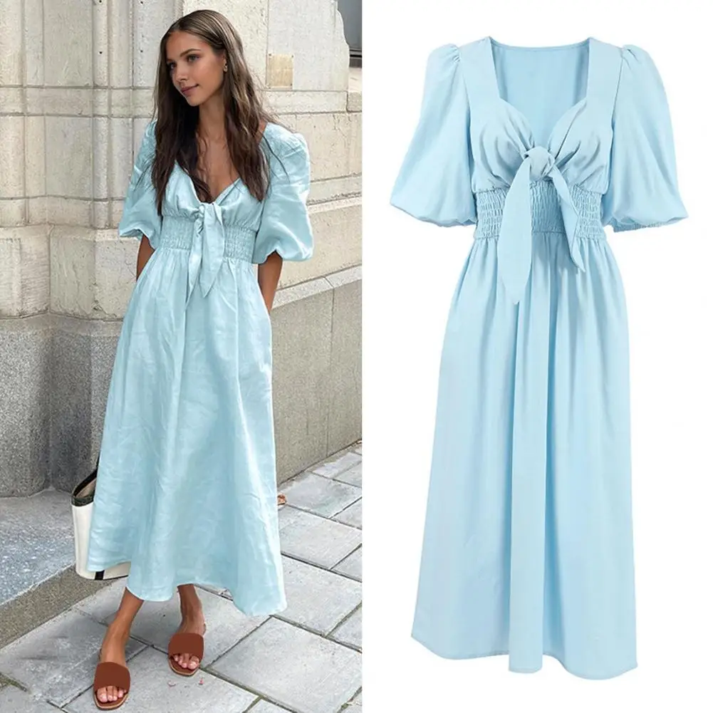 

V-neck Puff Sleeve Dress Commuter Dress Elegant Lace-up V Neck Summer Dress with Puff Sleeves Side Pockets for Women for A