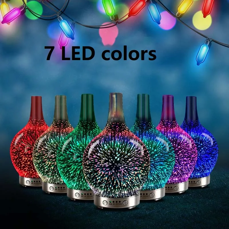 7 LED Lights glass diffuser essential oils 3D Fireworks Air Ultrasonic Essential Oil Aroma Diffuser 100ml for Home