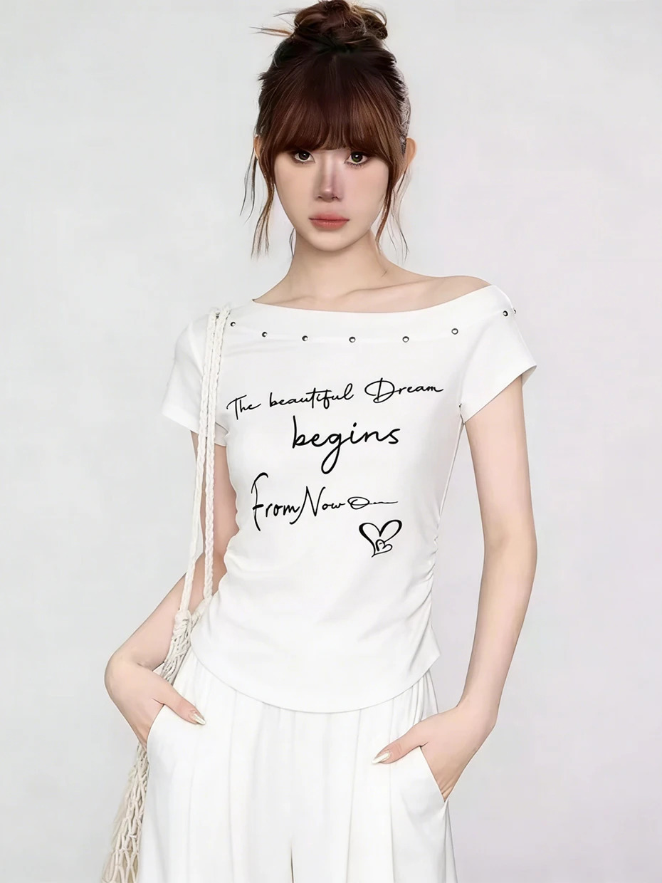 Cute Short Sleeve T-Shirt Women's Summer Waist-Cinching Diagonal Shoulder Top Korean Style Commute Fashion Slim Fit Polyester...