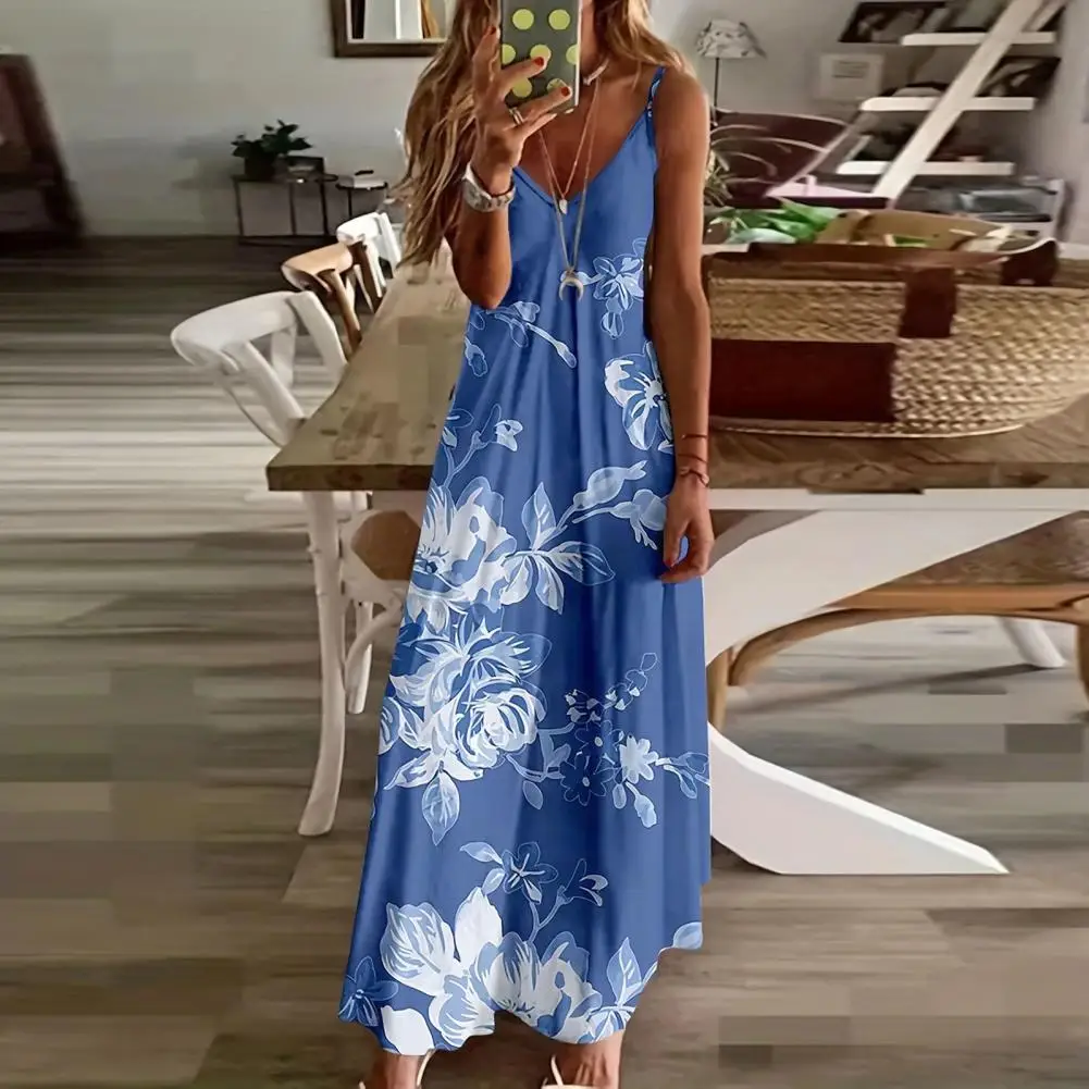 

Printed Dress Bohemian Style Floral Print Maxi Dress For Women Beach Vacation Sundress With V Neck Strappy Design For Summer