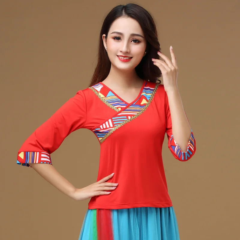 

Luoshen Spring and Autumn New Square Dance Costume Women's Short sleeved Middle aged and Elderly Performance Skirt Performance E