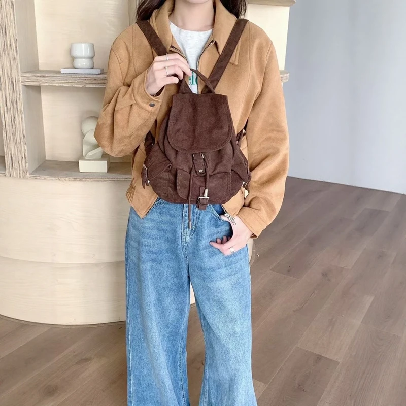 

Retro Suede Multi-Pocket Flip Cover Women's Backpack Casual Travel Bag Autumn Winter New Style Velvet Surface Double Shoulder Ba