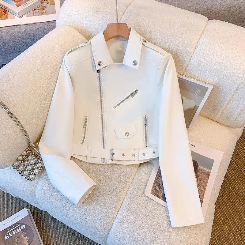 Black White Sky Blue Faux Pu Leather Jacket Women Slim Short Coat With Belt Lapel Long Sleeve Spring Autumn Female Streetwear