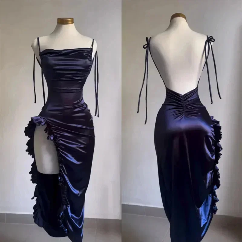 

Women Sexy Satin Bodycon Long Dress Vintage Backless Strapless Ruffles Fork Party Club Elegant Evening Dresses Female ZOONLYI