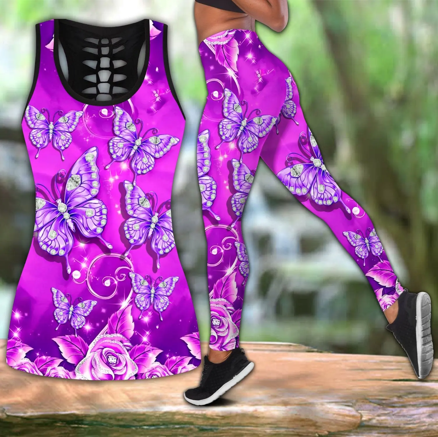 PLstar Cosmos Butterfly Flowers 3D Print Hollow Tank Top And Leggings Set for Women Full Length Fitness Yoga Running Pants KBX07