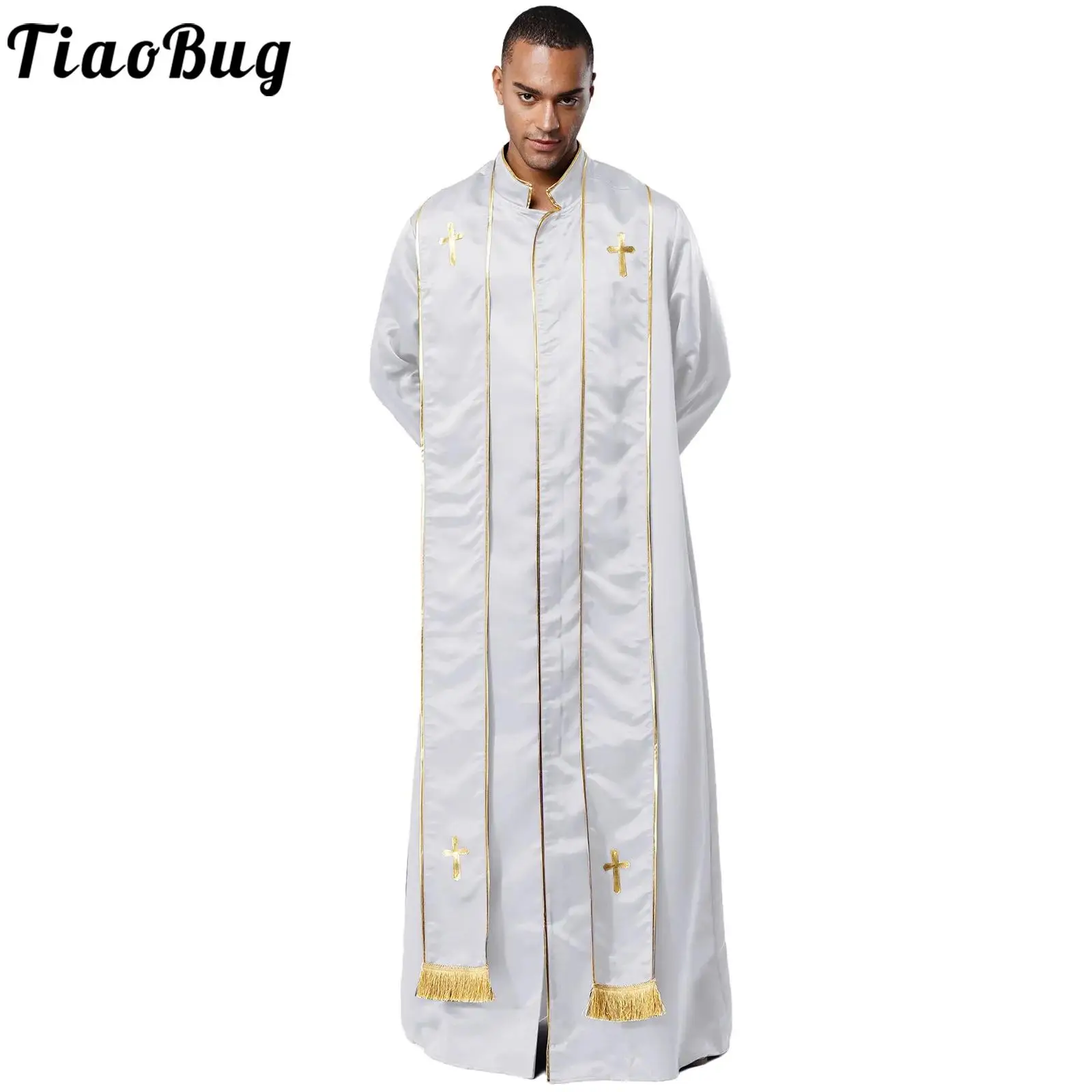 

Men Priest Robe with Stole Thobe Long Sleeve Gold Cross Vestments Steampunk Coats for Catholic Priest Halloween Cosplay Costumes