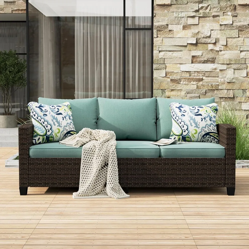 

Outdoor Patio Sofa, 3-Seat Wicker Couch with Waterproof Thick Cushions, Deep Seating Furniture for Garden Porch Backyard