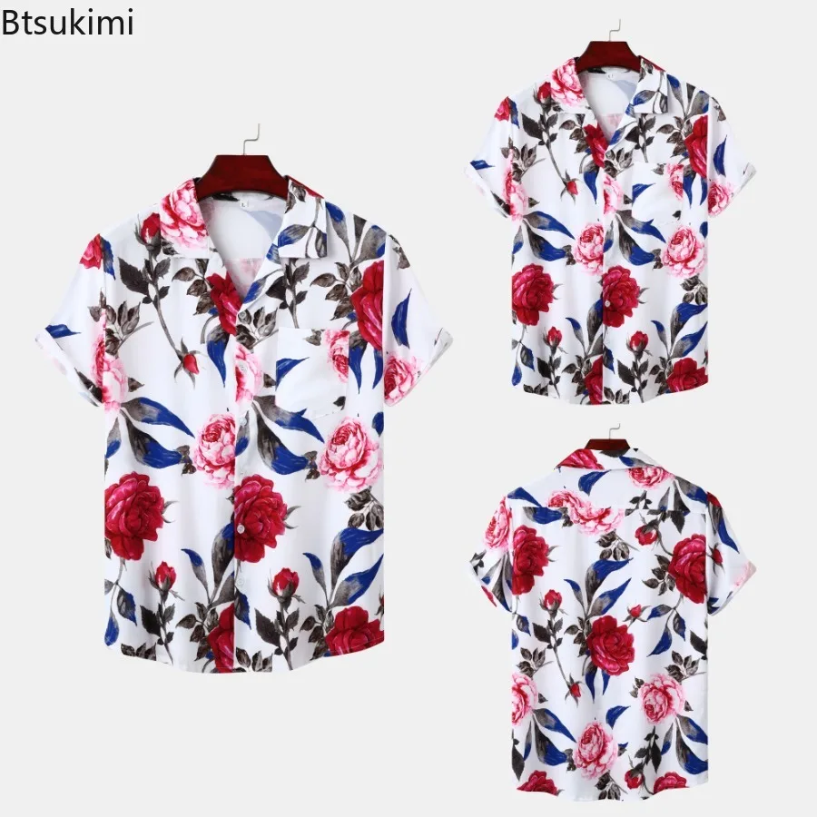 2024 New Hawaii Style Men Shirts Trend Rose Print Short Sleeve Tops Man Casual Holiday Shirts Male Beach Shirt Blouse Streetwear