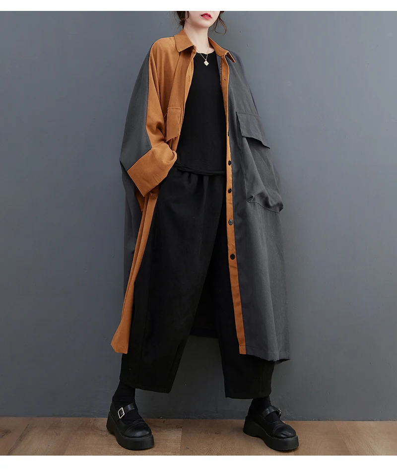 GetSpring Women Dress 2024 Autumn Color Matching Single Breasted Shirt Dress Fashion All Match Loose Casual Long Female Dresses